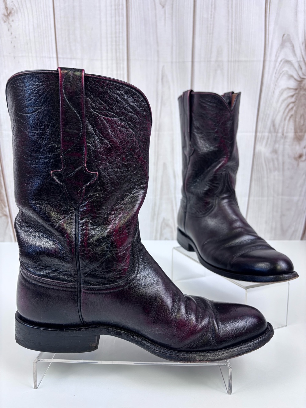 Vintage Lucchese Leather Cowboy Western Roper Boots P0134 Black Cherry Sz 8E - Picture 2 of 15